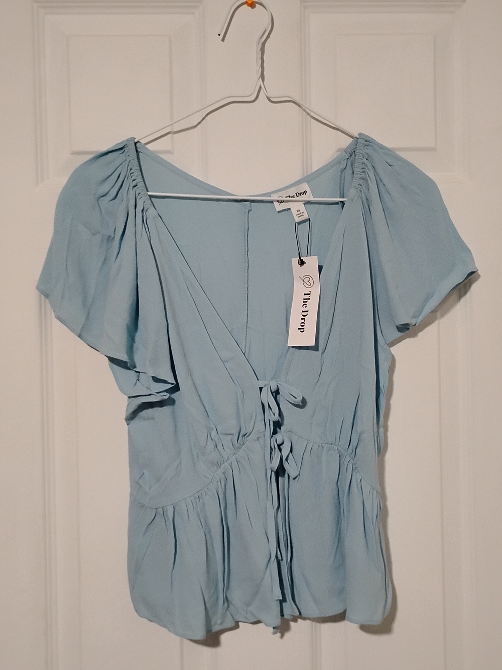 The Drop Light Blue Tie-Front Flutter Sleeve Blouse Size Xs NWT